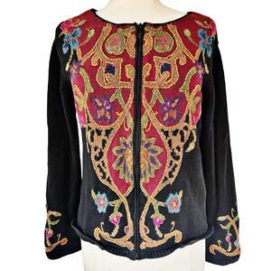 Vintage Coldwater Creek Cardigan Sweater Full Zip Sz M Embroidered Boho Artsy
